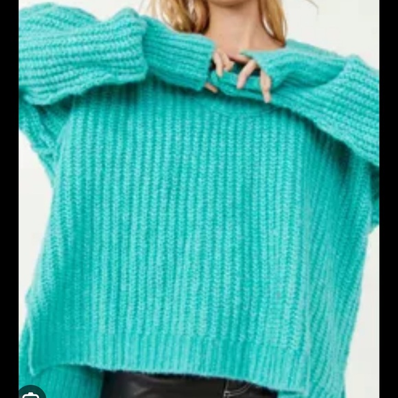 NWT FREE PEOPLE blue bell v neck oversized sweater in electric teal size large - Picture 4 of 11